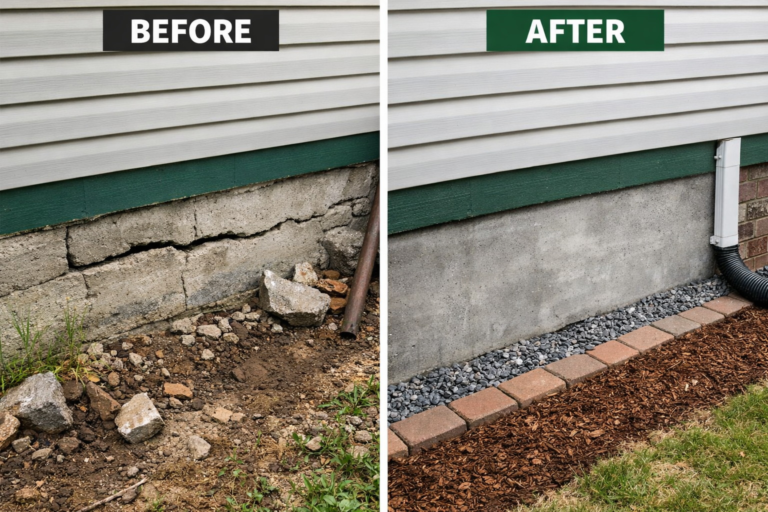 Before and after foundation repair in Kyle, Texas - severely cracked foundation wall restored to solid structural condition with proper drainage