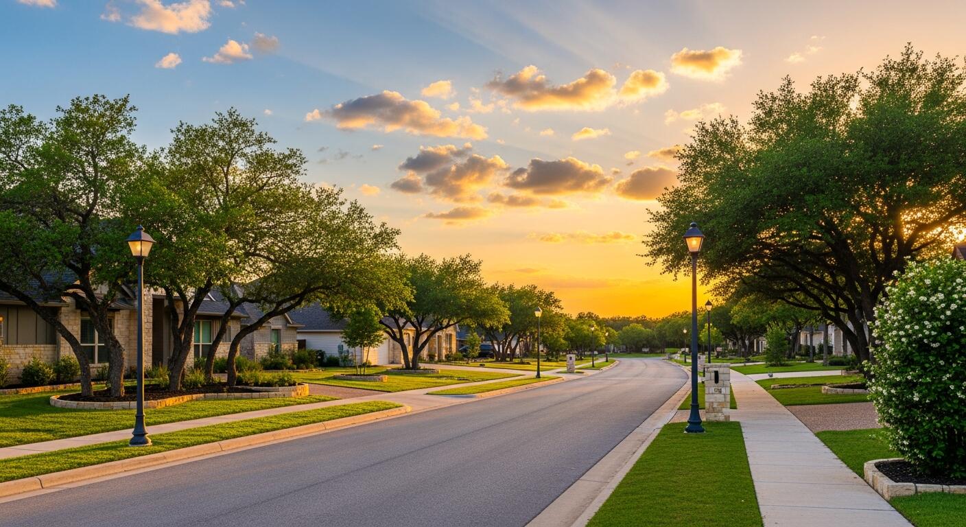 Plum Creek neighborhood in Kyle, Texas at sunset - residential community served by Kyle TX Foundation Repair